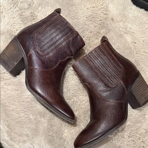 Women's Dark Brown Leather Western Ankle Booties - Stacked Heel